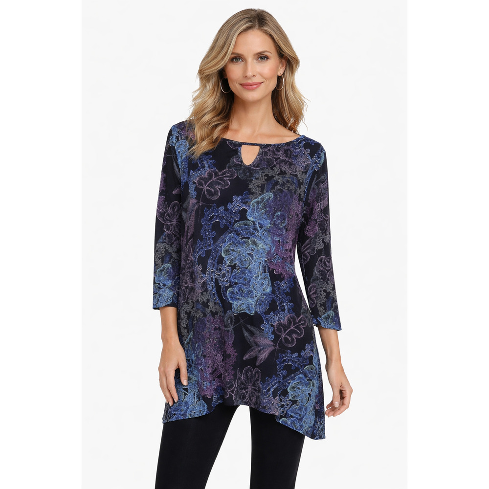 CLARA SUN WOO Women's Slinky Knit Tunic Top Large 3/4 sleeve Boxy Black Purple